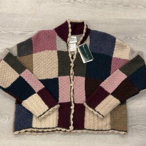 NWT VTG Laura Ashley Knit Patchwork Cardigan Cottagecore Shetland Wool Sz L